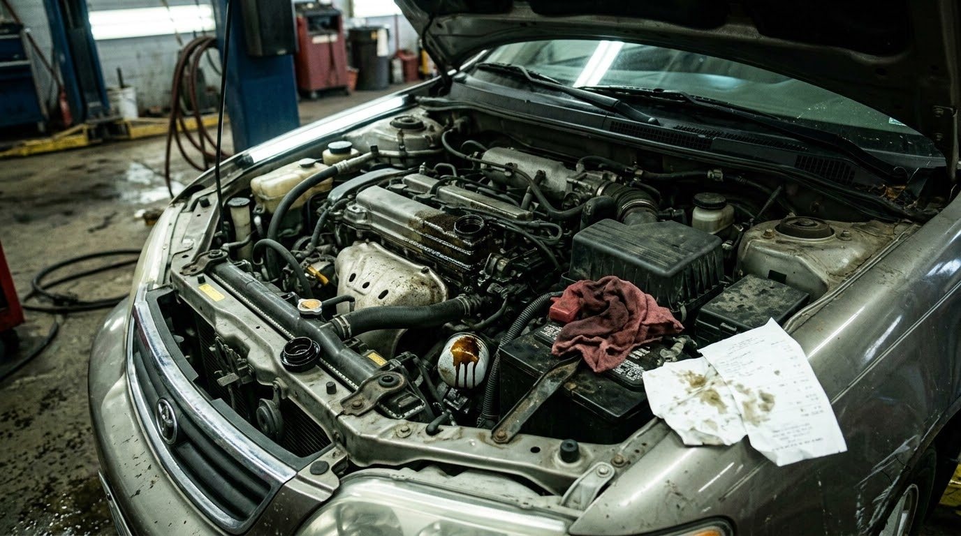An engine bay after a careless quick-lube job: oil on the filter, filler cap missing, a rag left behind